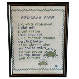 Vintage Framed She-Crab Soup Recipe Cross-Stitch Art